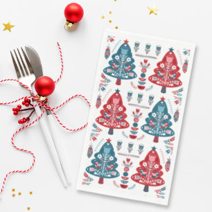 Red and Blue Christmas Tree Floral Nordic Pattern Napkin