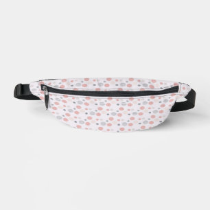 Red and blue circles on white bum bags