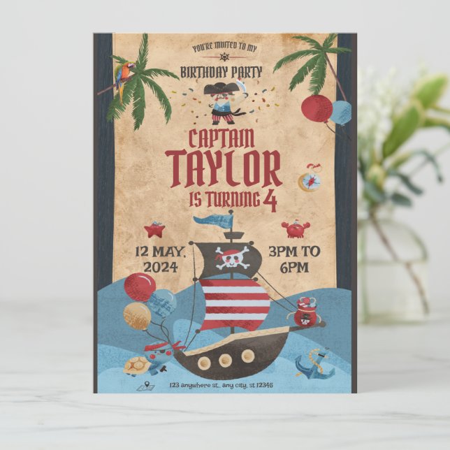Red and Blue Cool Pirate Birthday Party Invitation (Standing Front)