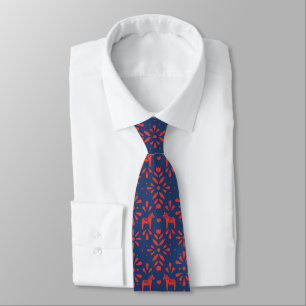 Red and Blue Dala Horse Folk Art Pattern Tie