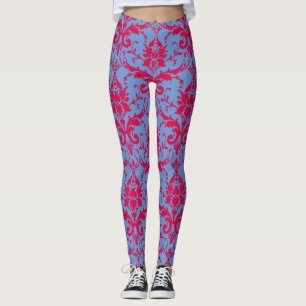 Red and Blue Damask Pattern Woman's Work Out Leggings
