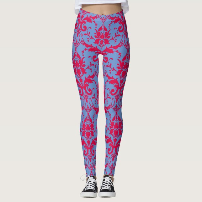 Red and Blue Damask Pattern Woman's Work Out Leggings (Front)