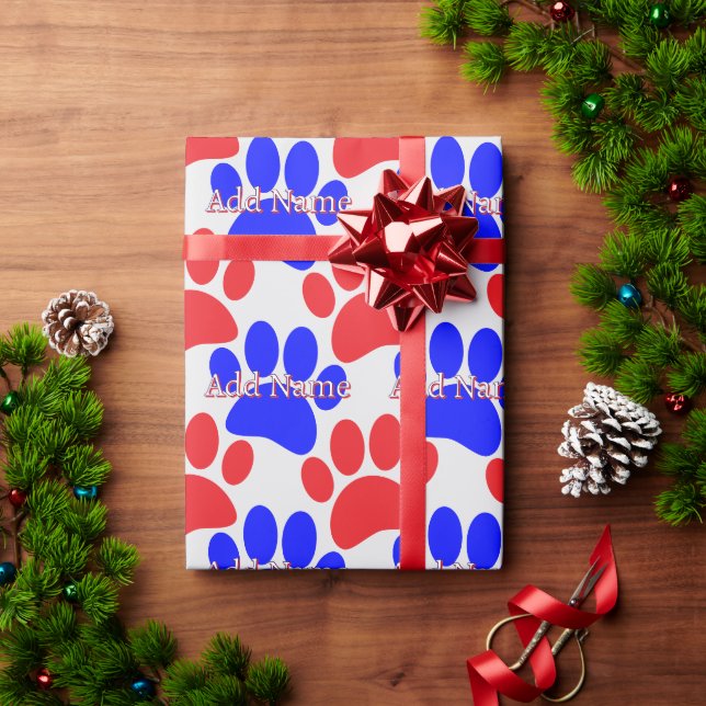 Red and Blue Dog Paw Print Custom Name Wrapping Paper (Holiday Gift)