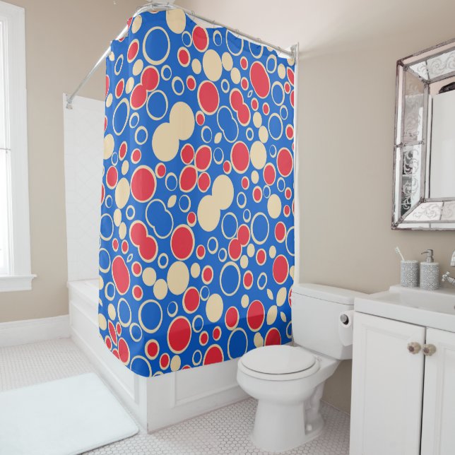Red And Blue Dots On Blue  Shower Curtain (In Situ)
