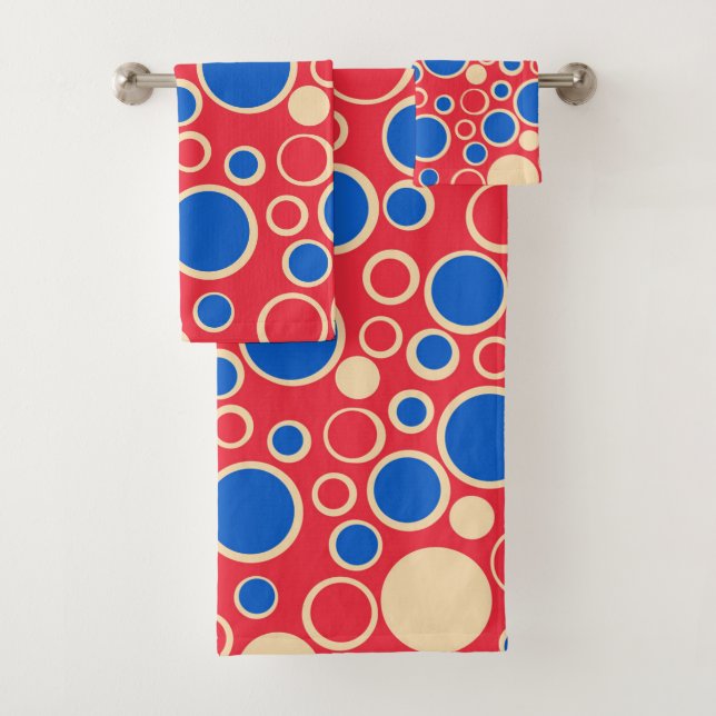 Red And Blue Dots On Red Bath Towel Set (Insitu)