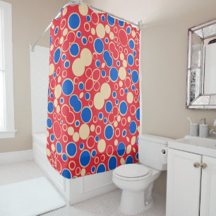 Red And Blue Dots On Red  Shower Curtain