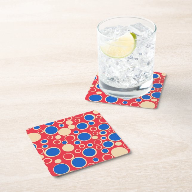 Red And Blue Dots On Red  Square Paper Coaster (Insitu)