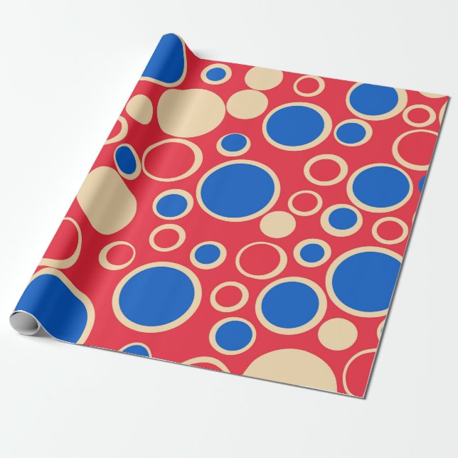 Red And Blue Dots On Red  Wrapping Paper (Unrolled)