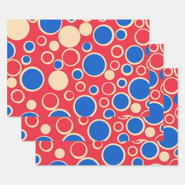 Red And Blue Dots On Red  Wrapping Paper Sheet (Set)