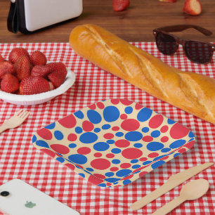 Red And Blue Dots On Tan  Paper Plate