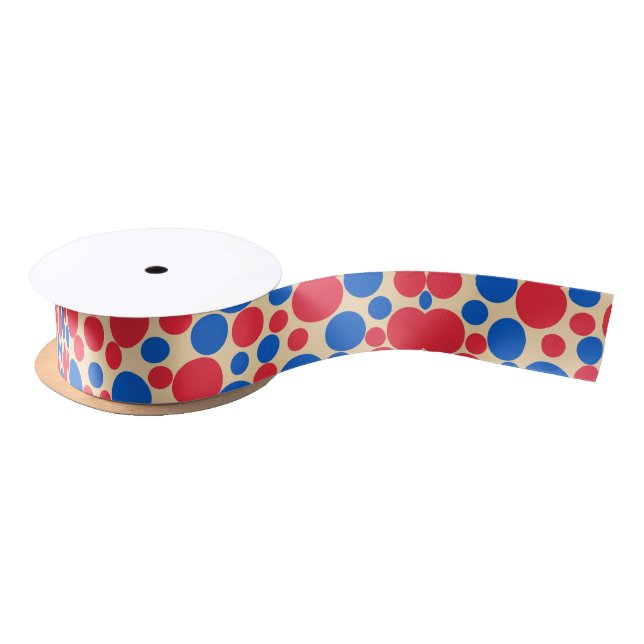 Red And Blue Dots On Tan  Satin Ribbon (Spool)