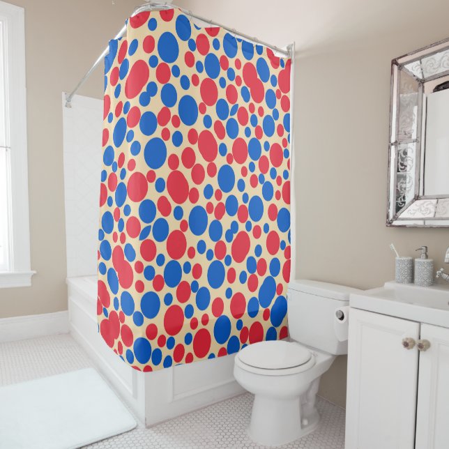 Red And Blue Dots On Tan  Shower Curtain (In Situ)