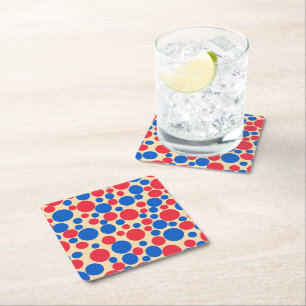 Red And Blue Dots On Tan  Square Paper Coaster