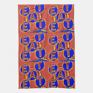 red and blue eat kitchen towel