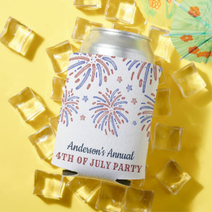 Red and Blue Fireworks 4th of July Party Can Cooler