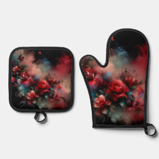 Red and Blue Floral Abstract on Black Background Oven Mitt & Pot Holder Set