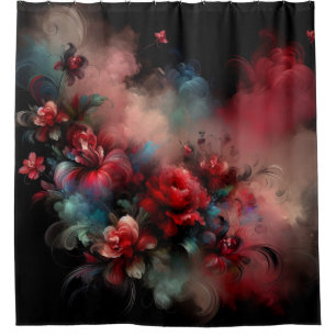 Red and Blue Floral Abstract on Black Background Shower Curtain