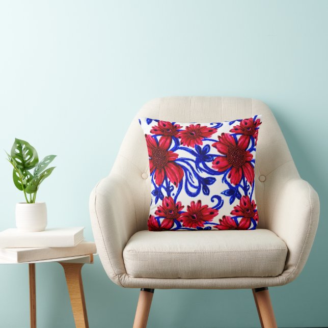 Red and Blue Floral Cushion (Chair)