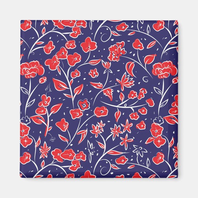Red and Blue Floral Pattern Magnet (Front)