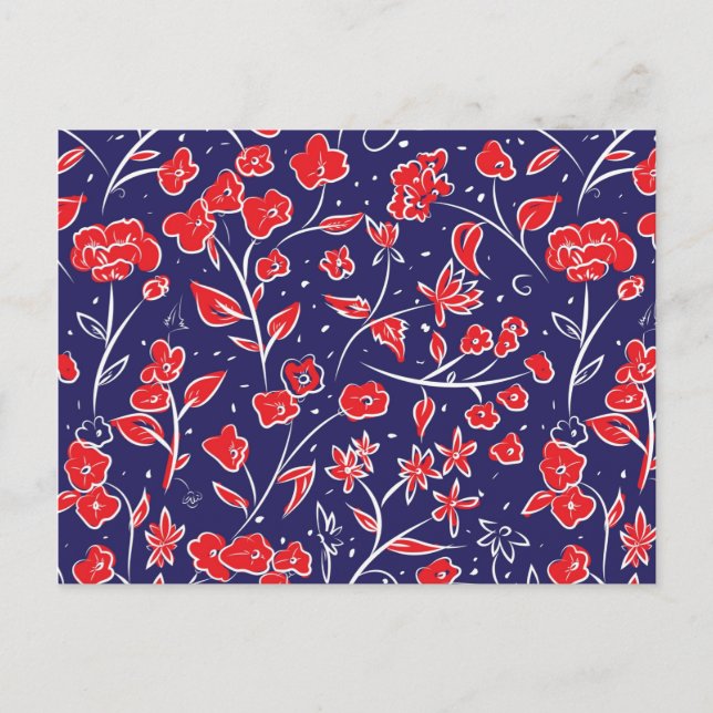 Red and Blue Floral Pattern Postcard (Front)