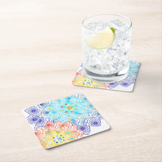 Red and Blue Floral  Square Paper Coaster (Insitu)