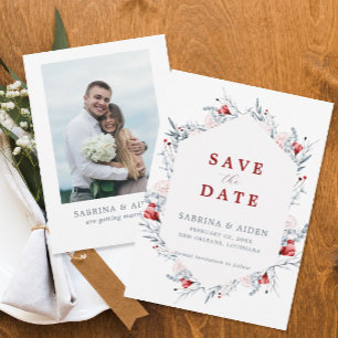 Red And Blue  Floral Wedding Photo Save The Date 