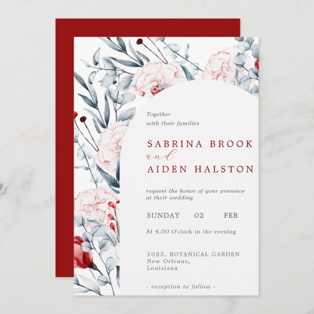 Red And Blue Flower Floral Arch Wedding Invitation (Front/Back)