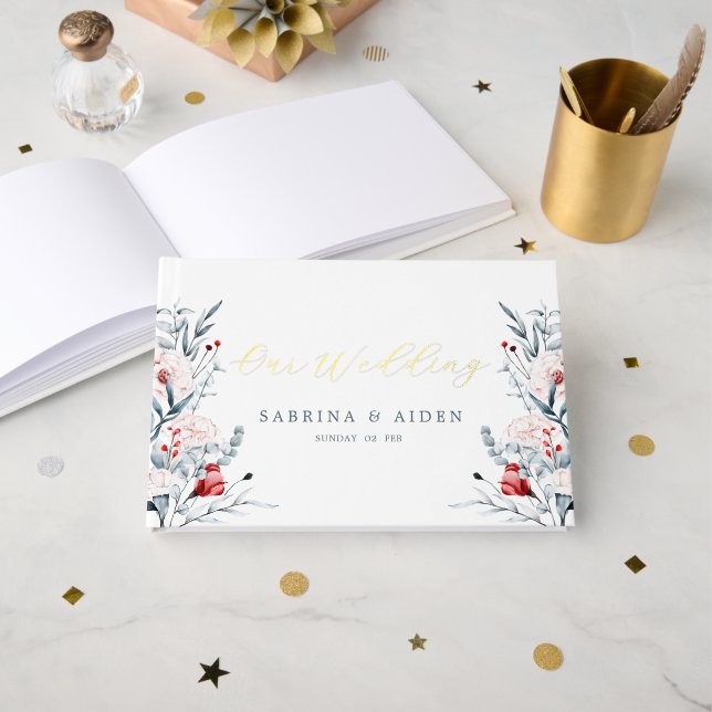 Red And Blue Flower Floral Wedding  Guest Book (Front Open)