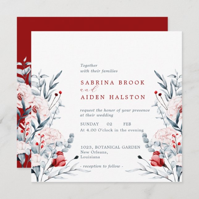 Red And Blue Flower Floral Wedding  Invitation (Front/Back)