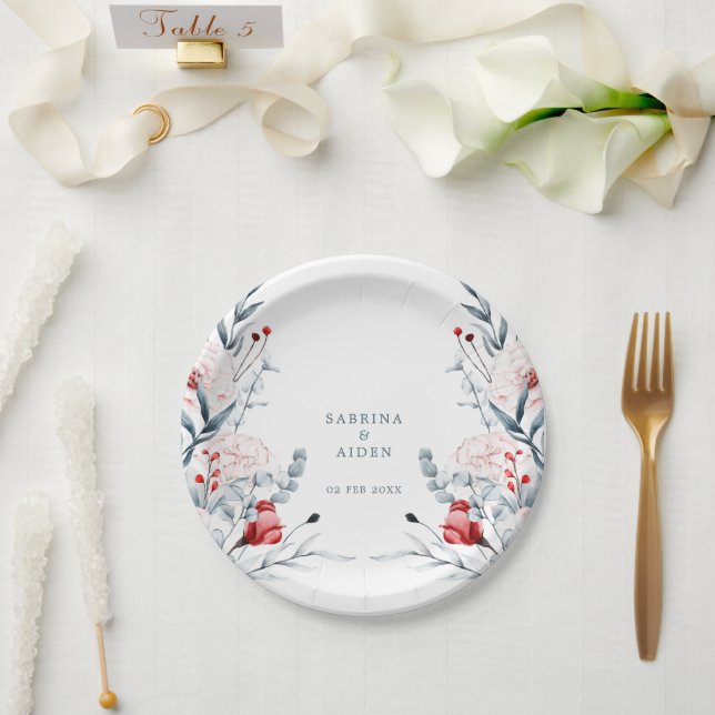 Red And Blue Flower Floral Wedding Paper Plate (Wedding)