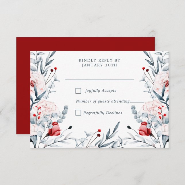 Red And Blue Flower Floral Wedding  RSVP Card (Front/Back)