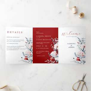 Red And Blue Flower Floral Wedding Tri-Fold Announcement
