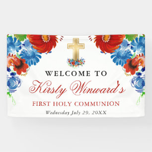 Red and Blue Flowers 1st Holy Communion Banner