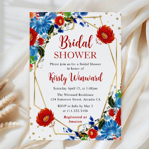 Red and Blue Flowers Frame Bridal Shower Invitation
