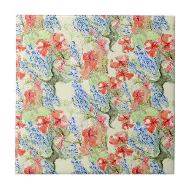Red and Blue Flowers in Retro Style Ceramic Tile (Front)