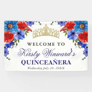Red and Blue Flowers Quinceanera Banner