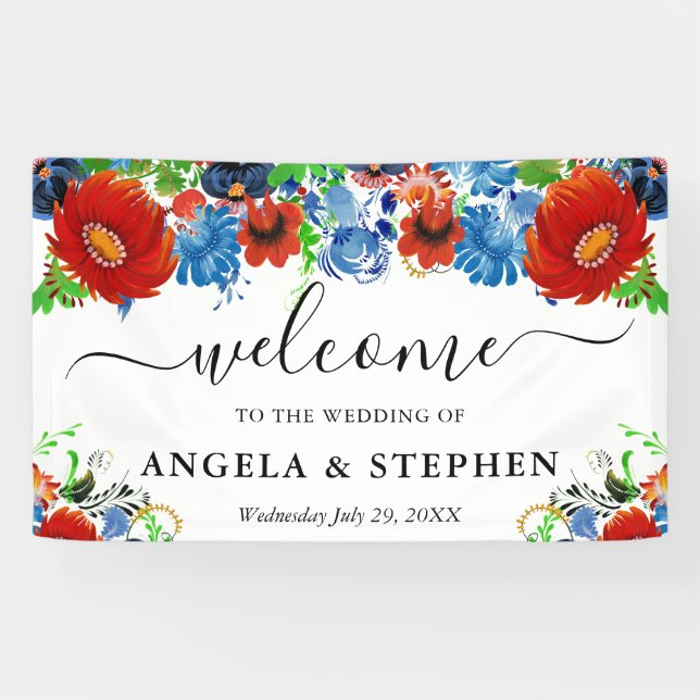 Red and Blue Flowers Wedding Welcome Banner (Horizontal)