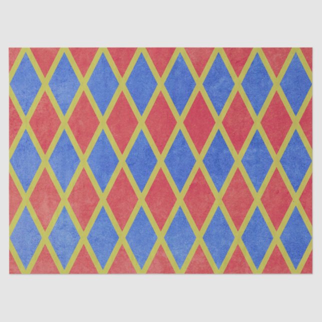 Red and blue geometric harlequin diamond pattern tissue paper (Front)