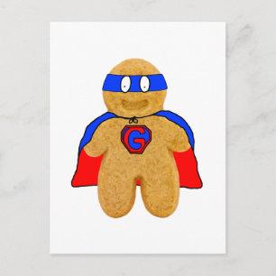 red and blue gingerbread man super hero postcard