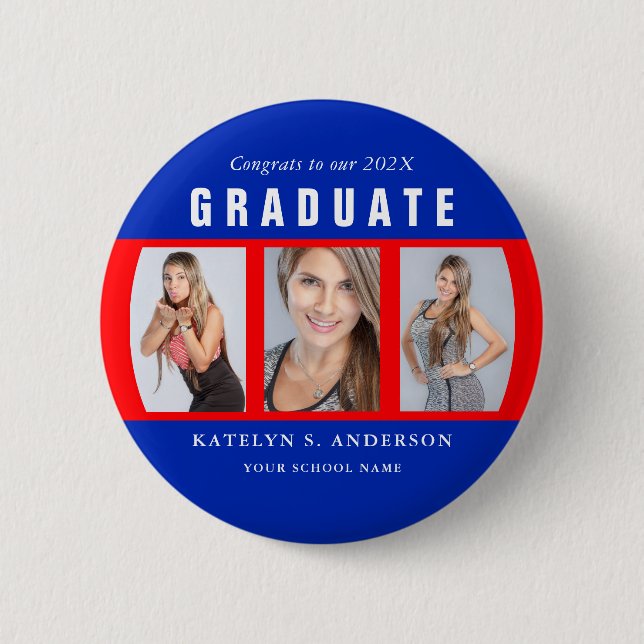 Red and Blue Graduation Photo Collage Custom 6 Cm Round Badge (Front)