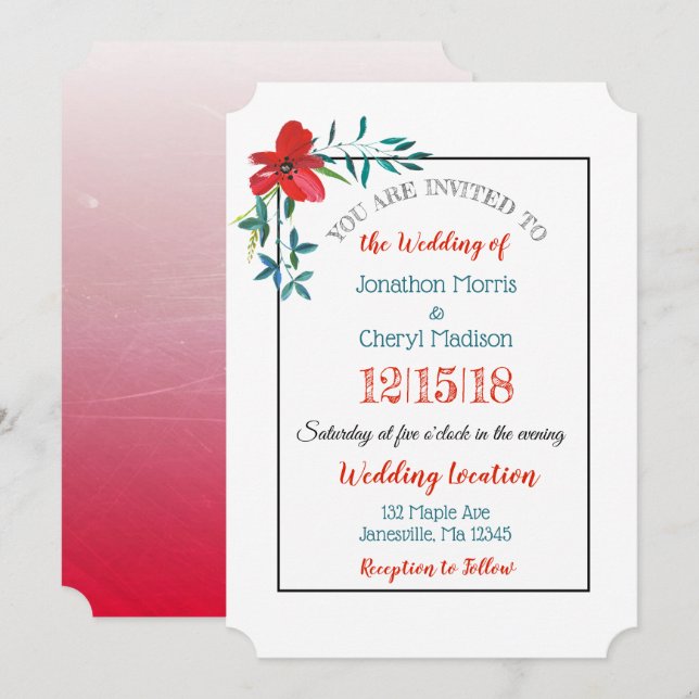 Red and Blue Handpainted Flower Wedding Invitation (Front/Back)