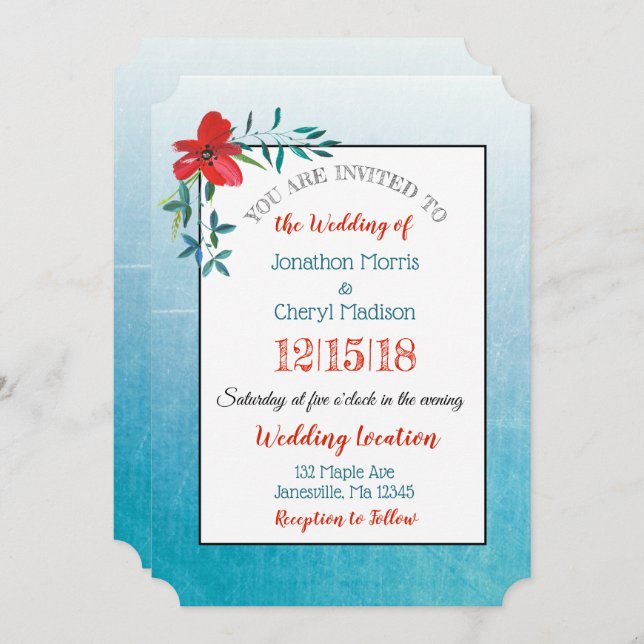 Red and Blue Handpainted Flower Wedding Invitation (Front/Back)