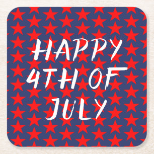 Red And Blue Happy 4th of July Square Paper Coaster