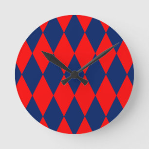 Red and Blue Harlequin Checkered Design Round Clock