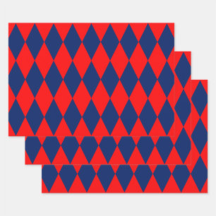 Red and Blue Harlequin Chequered Design Wrapping Paper Sheet