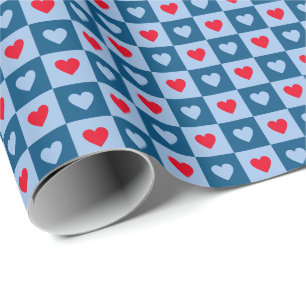 Red and Blue Hearts Chequerboard Valentine's Day Wrapping Paper