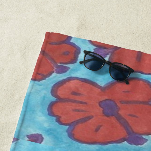 Red and Blue Hibiscus Beach Towel (In Situ)