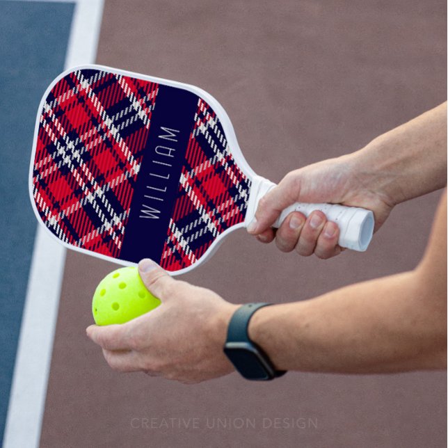 Red and Blue Houndstooth Plaid Pickleball Paddle (Personalized pickleball paddle)