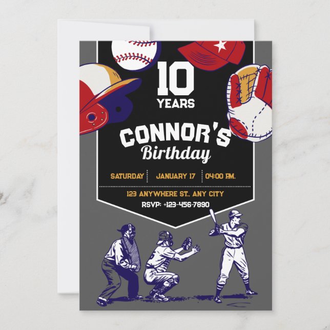 Red and blue illustrated baseball birthday party  invitation (Front)