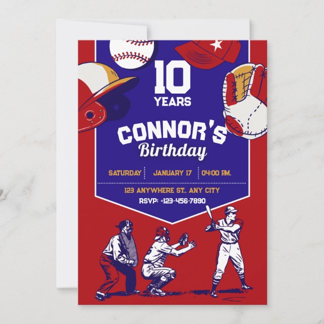 Red and blue illustrated baseball birthday party  invitation (Front)